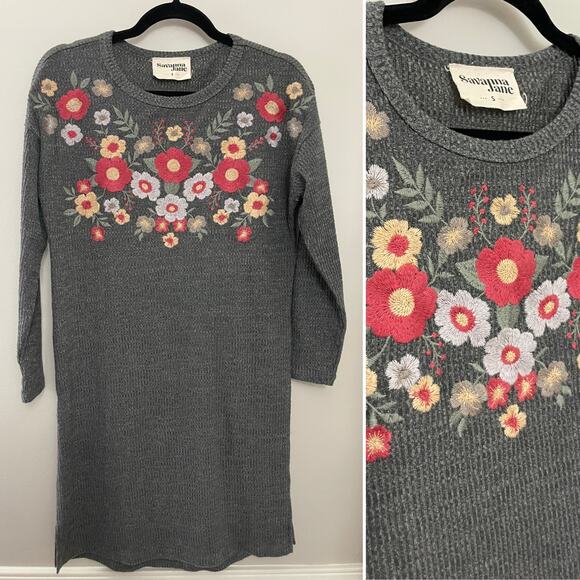 Savanna Jane Small Shop Feminine Floral Boho Embroidered Sweater Dress‎ S - Picture 1 of 9